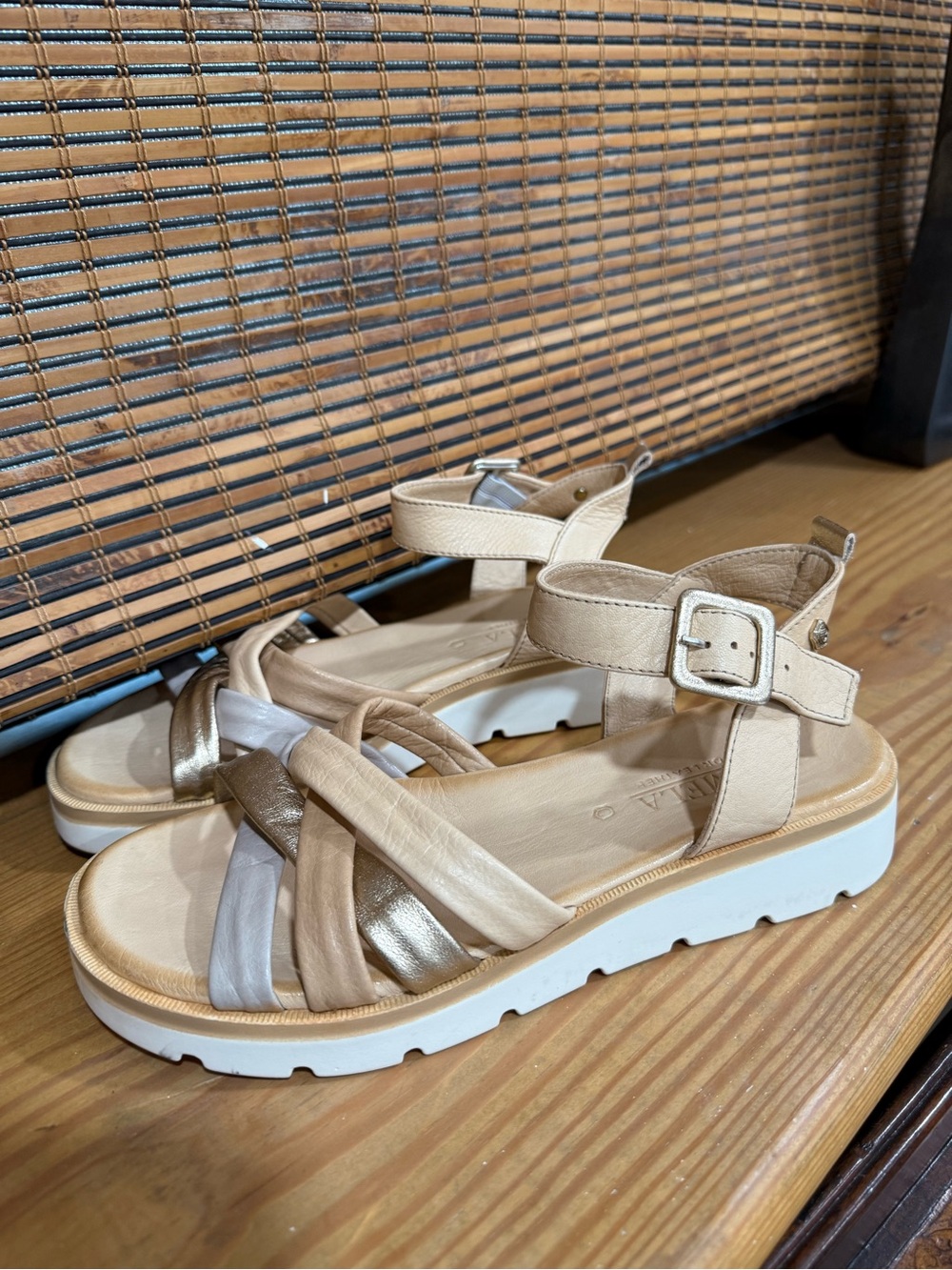 Carmela Neutral Metallic Strappy Platform Sandals with Ankle Buckle